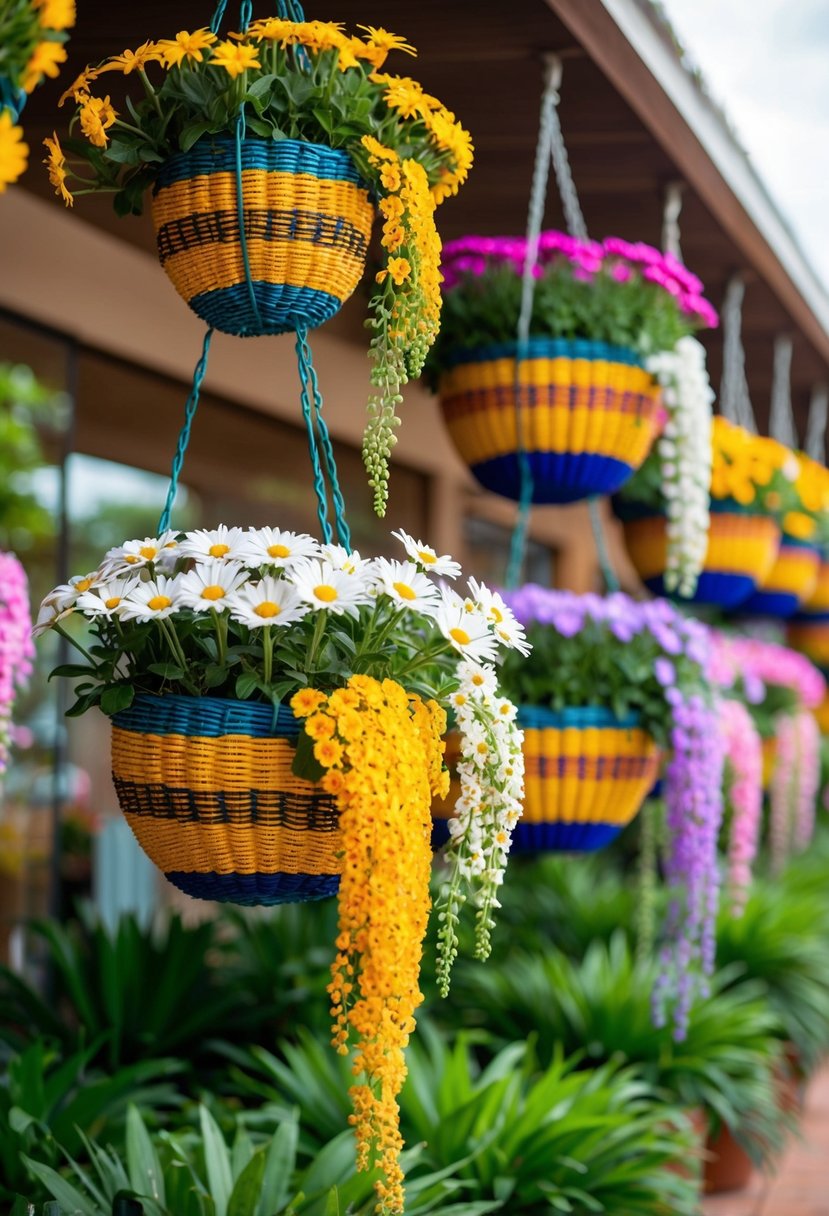 An African Daisy 26 hanging basket plants arranged in a colorful display, with vibrant blooms cascading down from the baskets