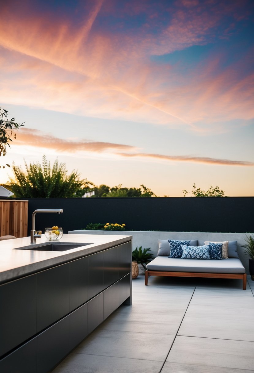 A sleek, modern outdoor kitchen with a stylish chillout daybed nearby