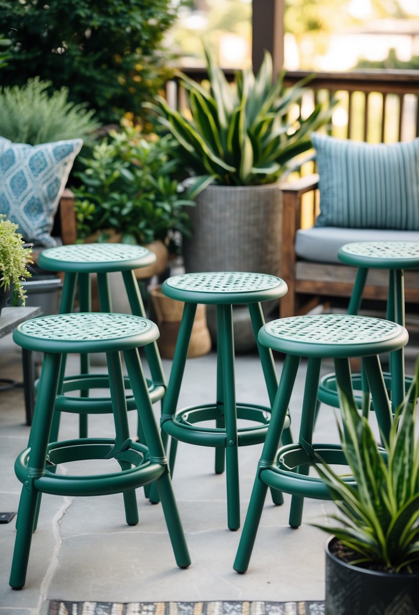 A set of garden stools arranged in a patio setting, surrounded by plants and outdoor decor