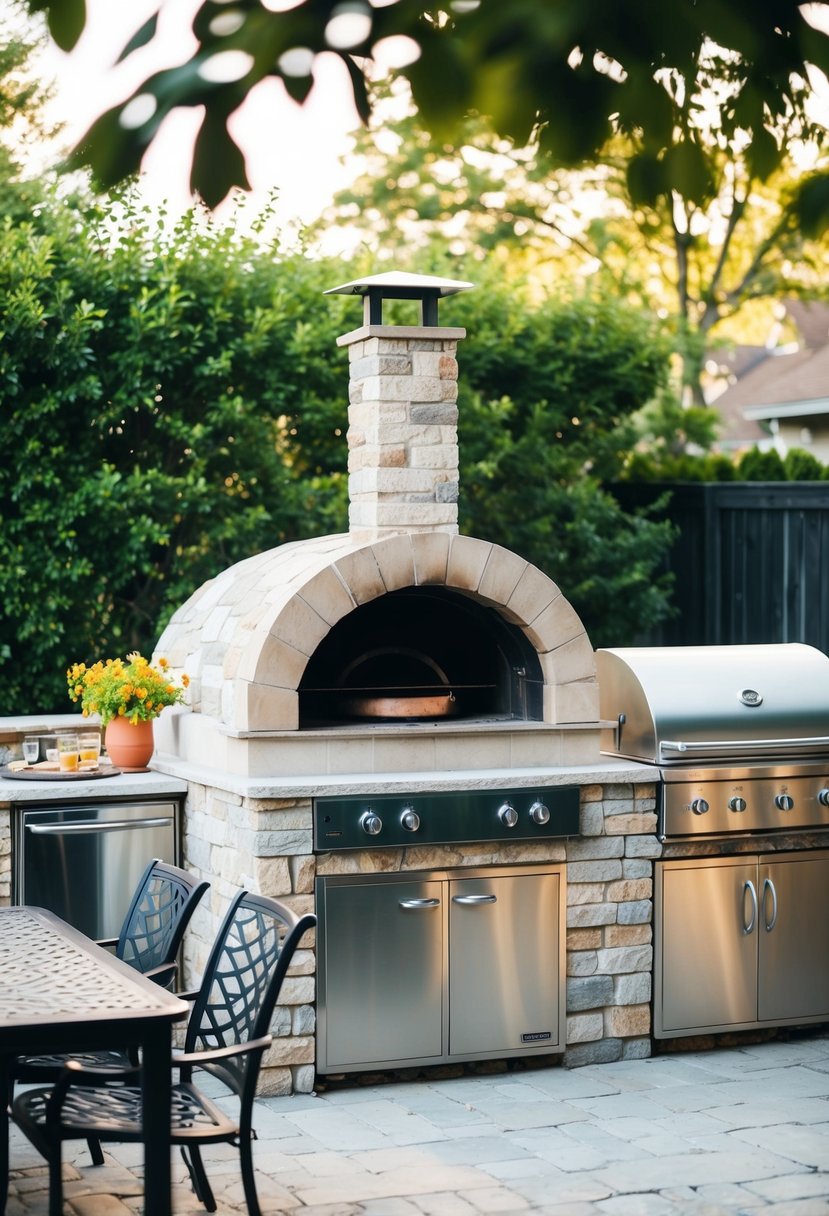A backyard patio with a stone pizza oven surrounded by outdoor kitchen appliances and a dining area