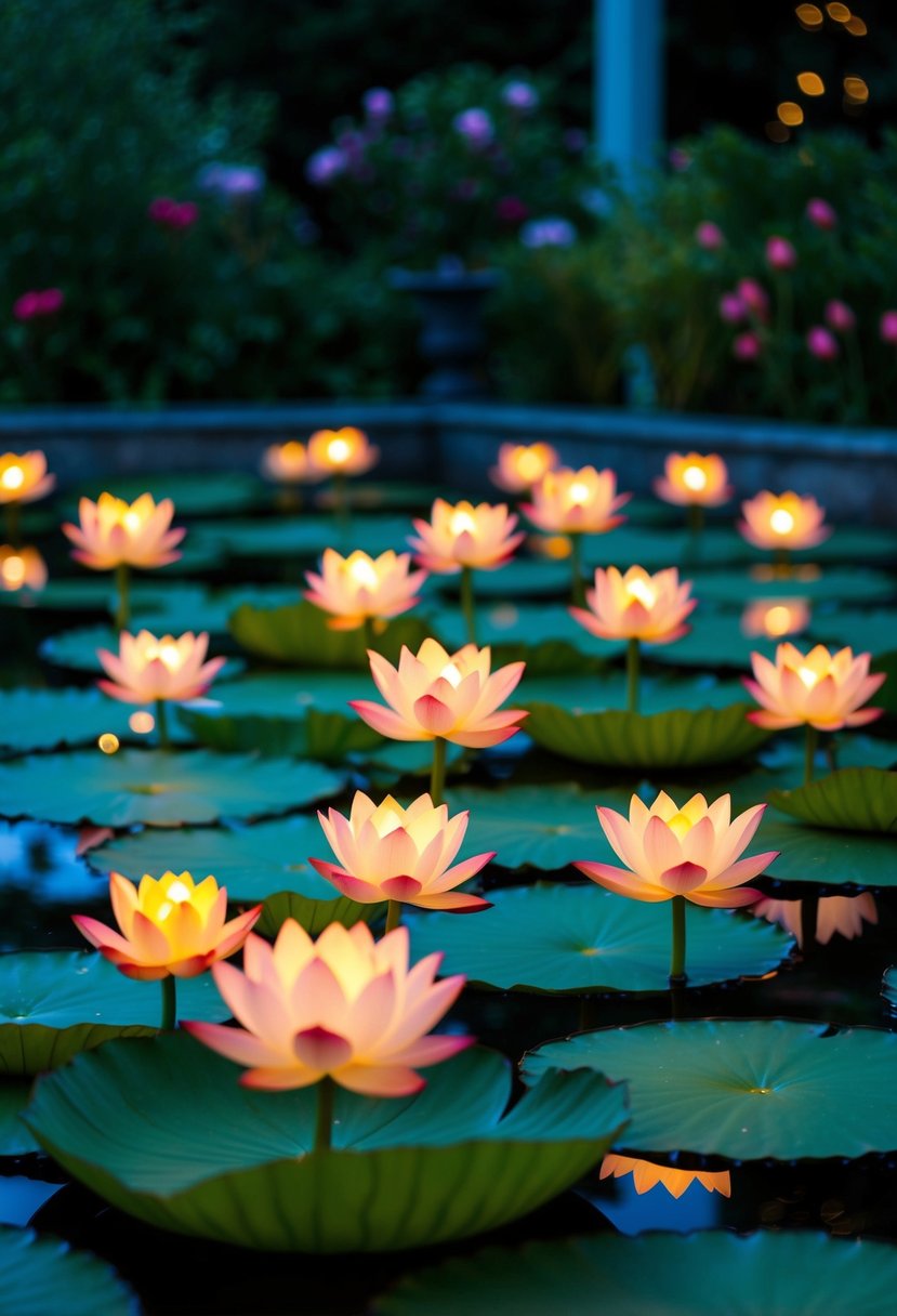 Twenty-five garden ponds glow with submersible lotus LEDs at night