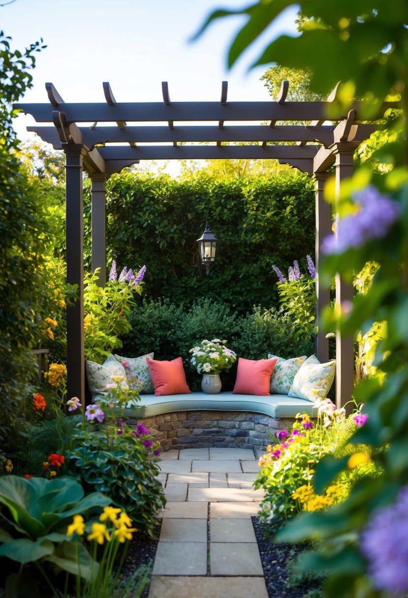 A serene garden nook with a pergola surrounded by lush greenery and colorful flowers