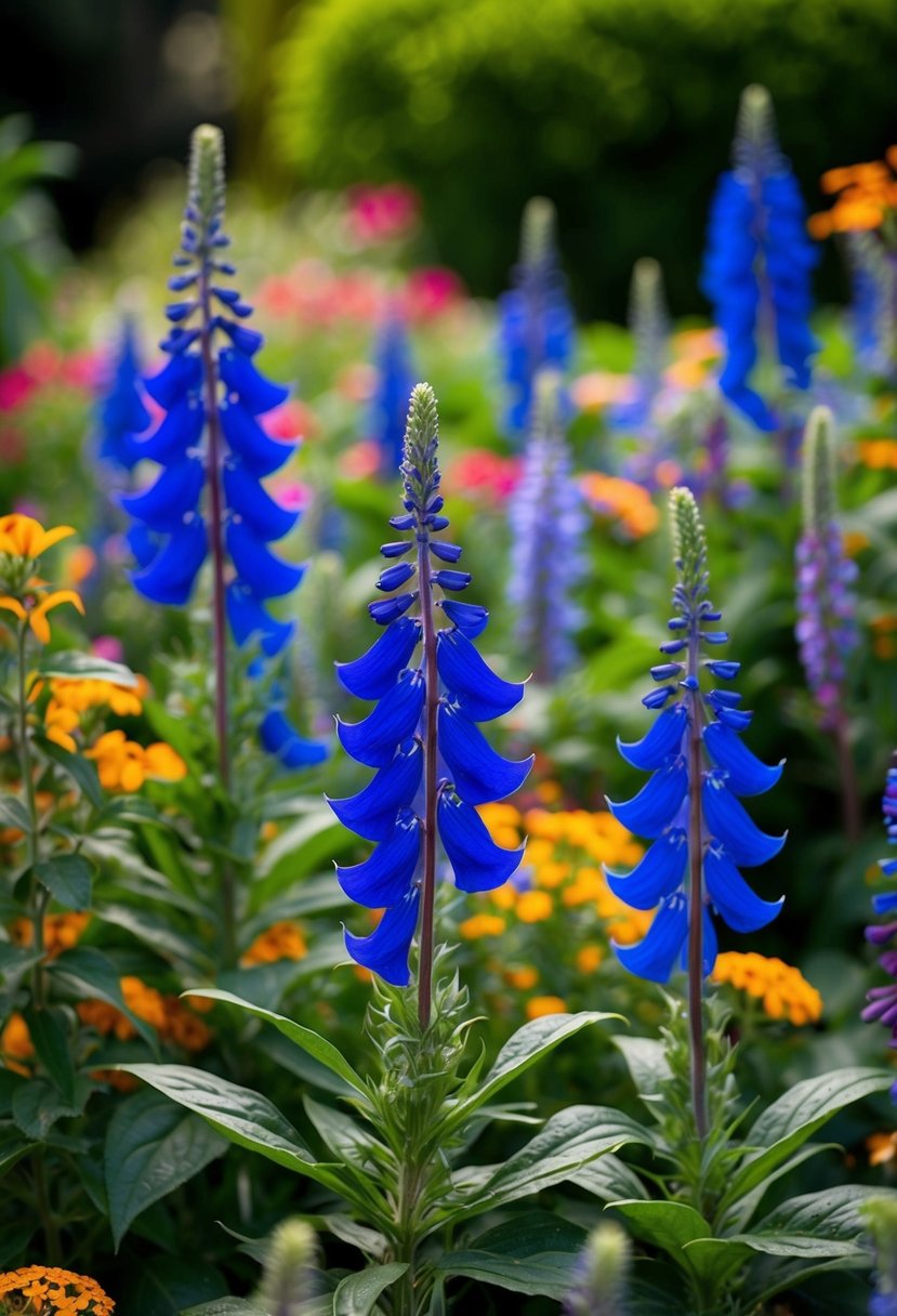 A lush garden filled with vibrant Great Blue Lobelia and wildflowers