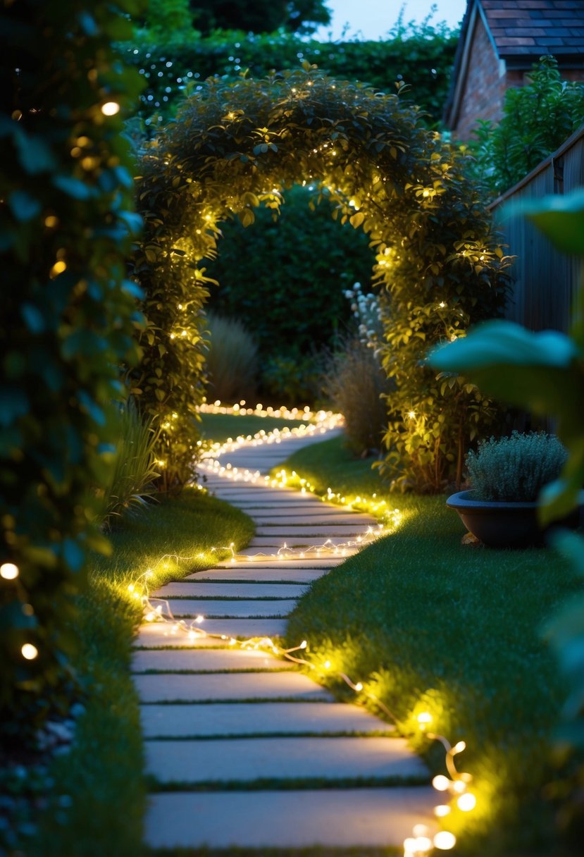 A winding pathway lined with twinkling fairy lights leads through a lush garden nook