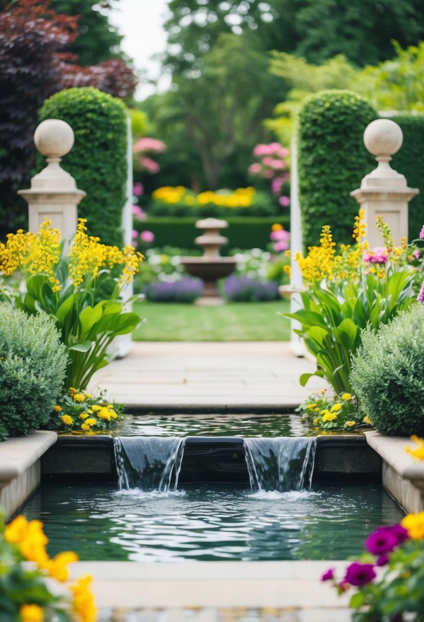 A serene garden entrance with a flowing water feature, surrounded by lush greenery and colorful flowers