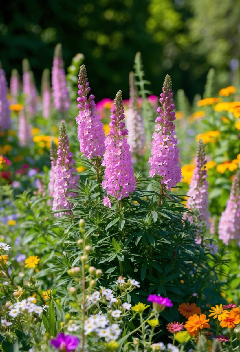 A lush garden of woodland phlox in full bloom, surrounded by a variety of wildflowers in vibrant colors