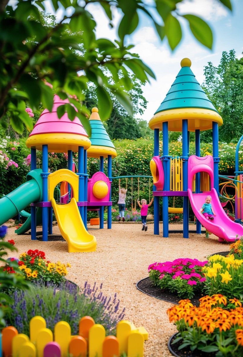 A colorful, whimsical garden with 30 play areas for kids, filled with slides, swings, and climbing structures, surrounded by vibrant flowers and lush greenery