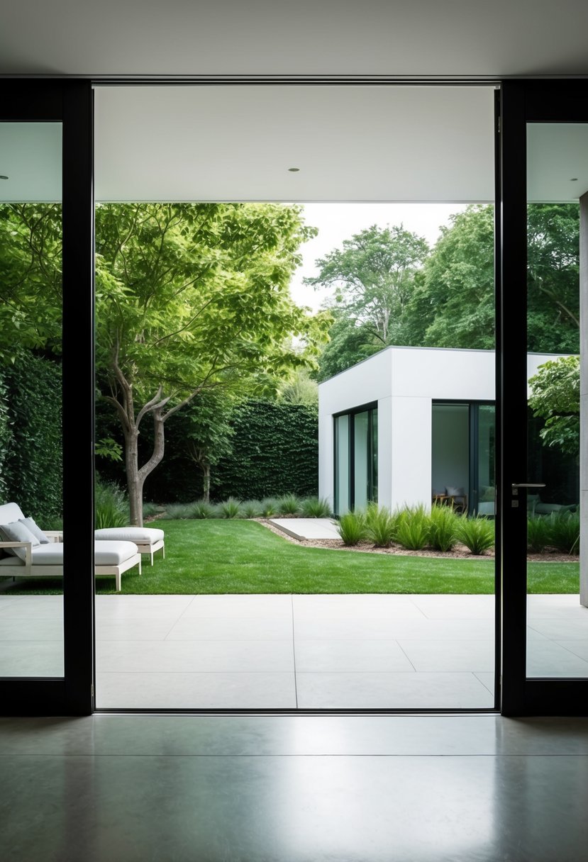 A sleek, uncluttered den with large windows overlooking a tranquil garden featuring a minimalist summer house