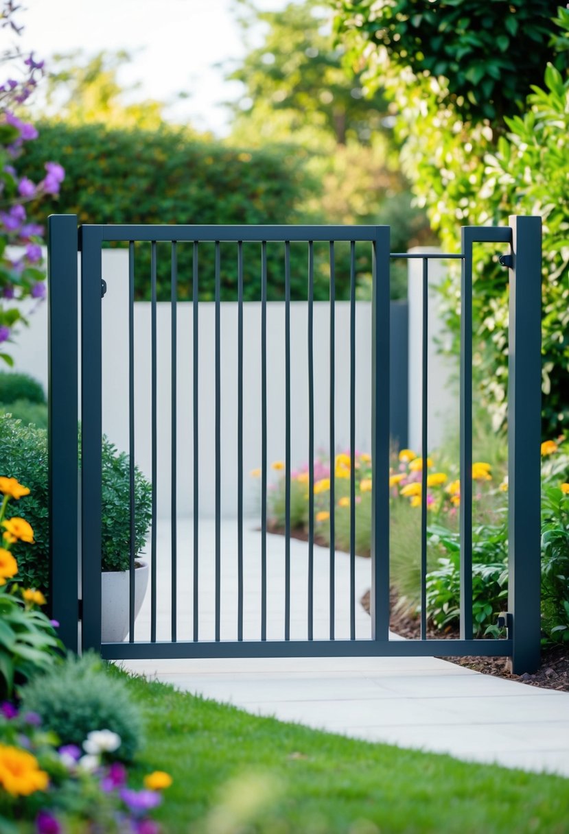 A sleek, modern steel gate stands in a lush garden, surrounded by vibrant flowers and foliage