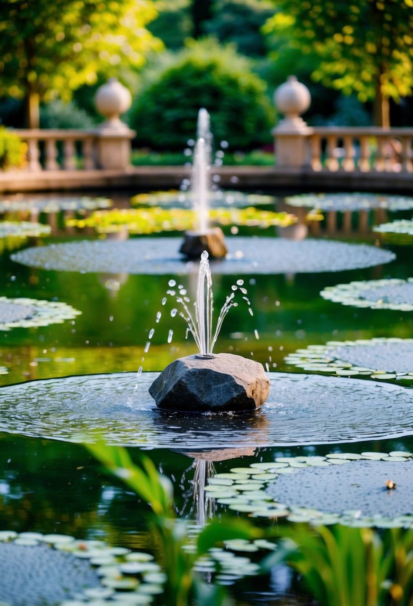 A serene garden with 32 ponds and fountains, featuring a rock bubble fountain as the centerpiece