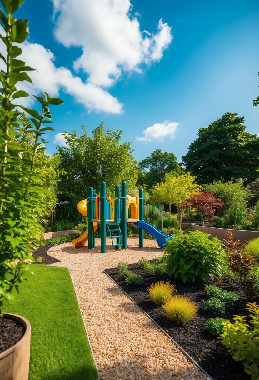 A vibrant garden with a kids' play area nestled among sunny trails and lush greenery