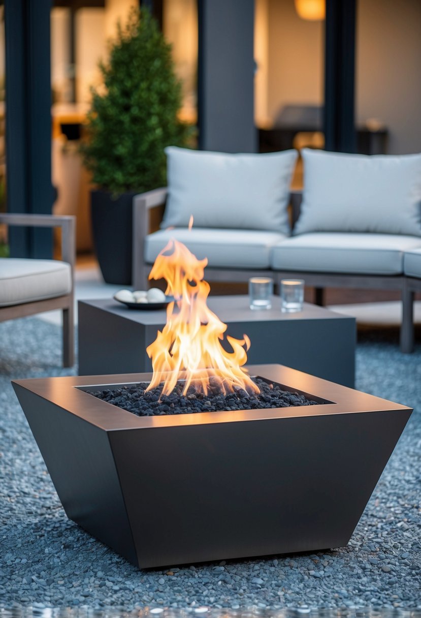 A sleek, modern steel rectangular fire pit surrounded by contemporary outdoor furniture and set against a backdrop of a stylish outdoor living space