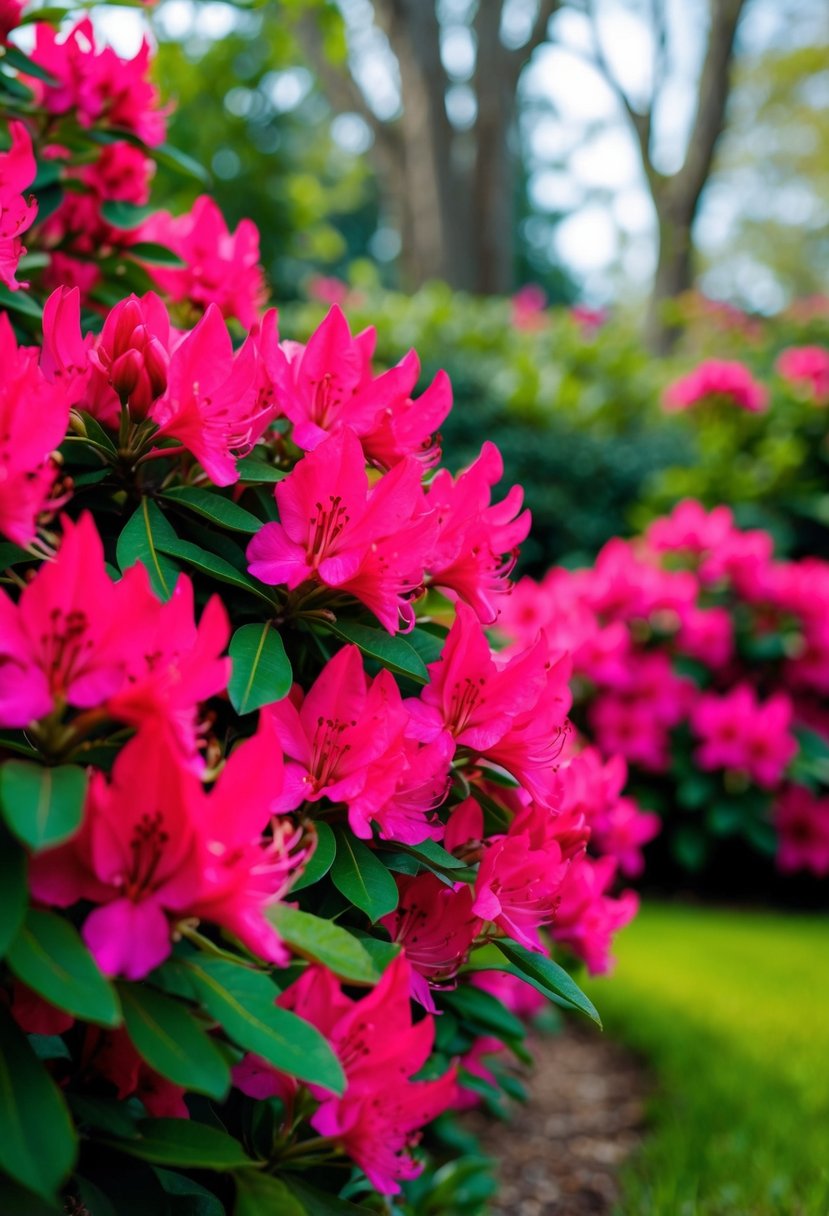 A lush garden filled with vibrant red Kurume Azaleas in full bloom