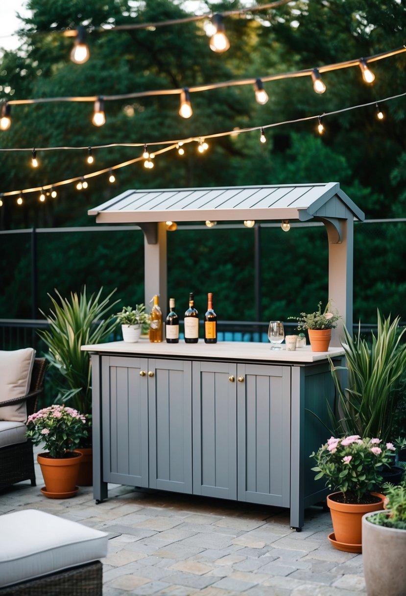 A weather-resistant outdoor bar cabinet sits on a patio surrounded by potted plants, string lights, and comfortable seating