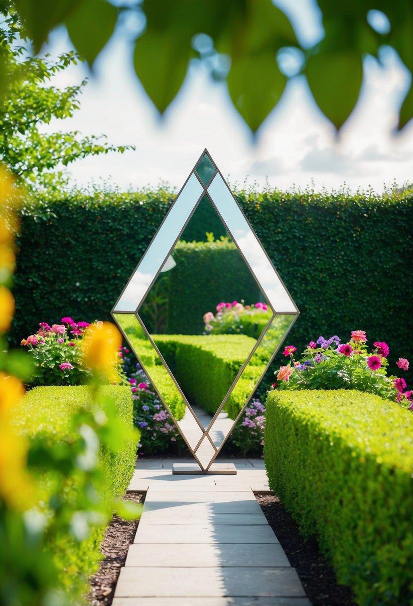 A geometric patio mirror reflects a lush garden, surrounded by colorful flowers and neatly trimmed hedges