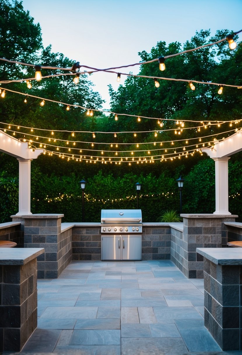 A spacious patio with masonry seating walls surrounding a central BBQ area, set against a backdrop of lush greenery and twinkling string lights