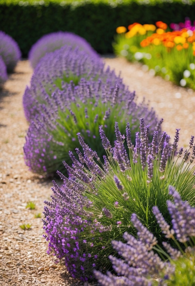 A garden with rows of blooming lavender, surrounded by lush greenery and colorful flowers