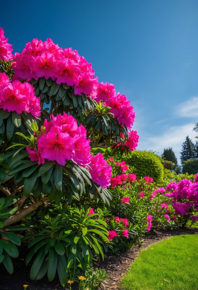 A lush garden with vibrant Rhododendron 'PJM Elite' and azaleas in full bloom under a clear blue sky