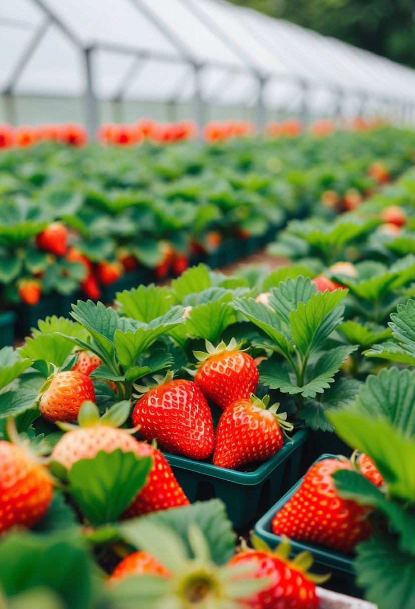 Lush strawberry plants fill 28 gardens with greenhouses
