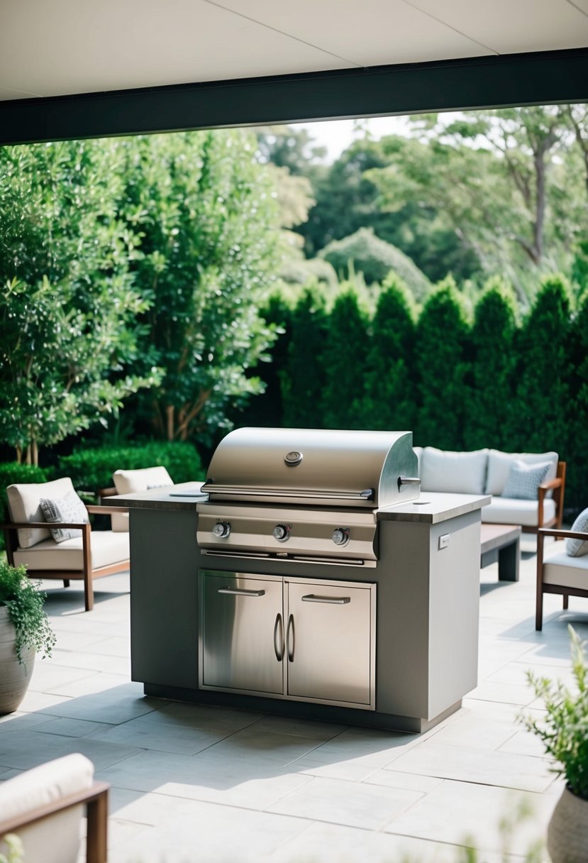 A sleek, modern grilling station set within a spacious patio area, surrounded by lush greenery and comfortable seating for outdoor dining and entertainment