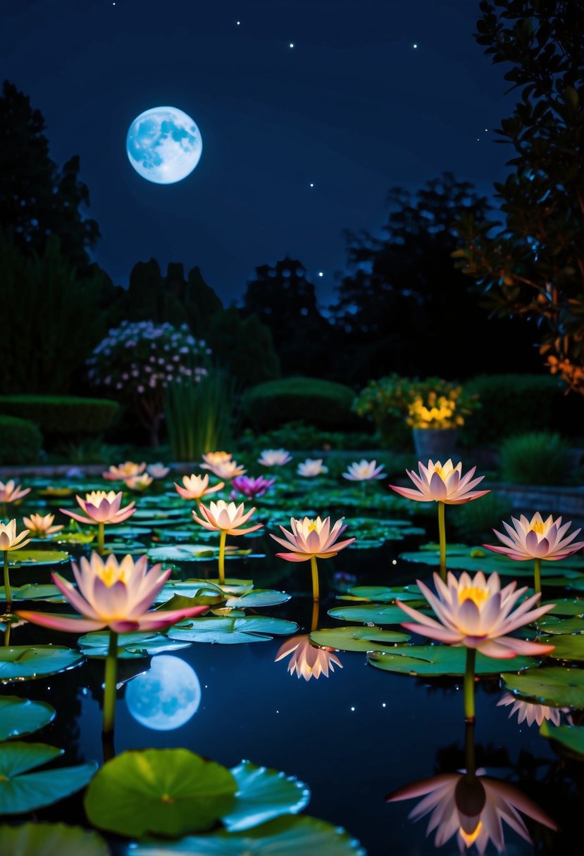 Moonlight illuminates water lilies in 25 garden ponds at night