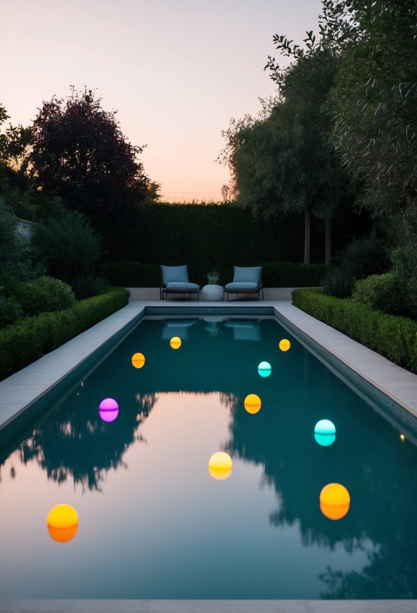 A tranquil garden pool at dusk, adorned with floating lights casting a soft, colorful glow on the water's surface
