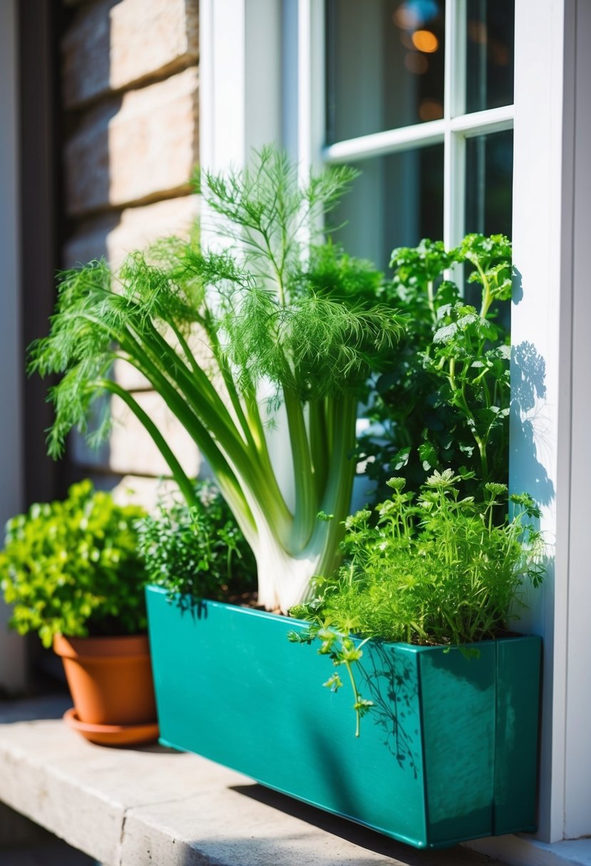 A window box filled with fennel and other herbs, nestled against a sunny windowsill