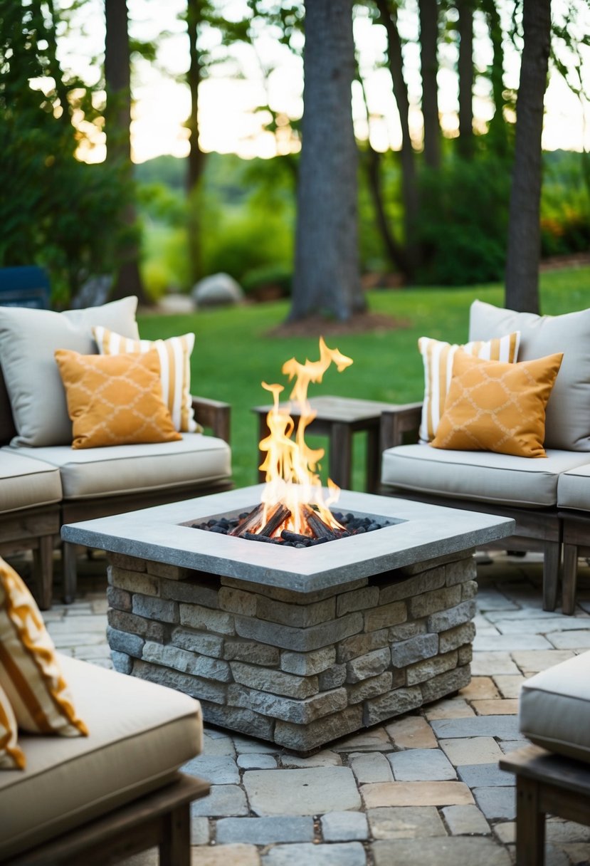 A square stone fire pit surrounded by rustic outdoor seating, nestled in a serene backyard setting