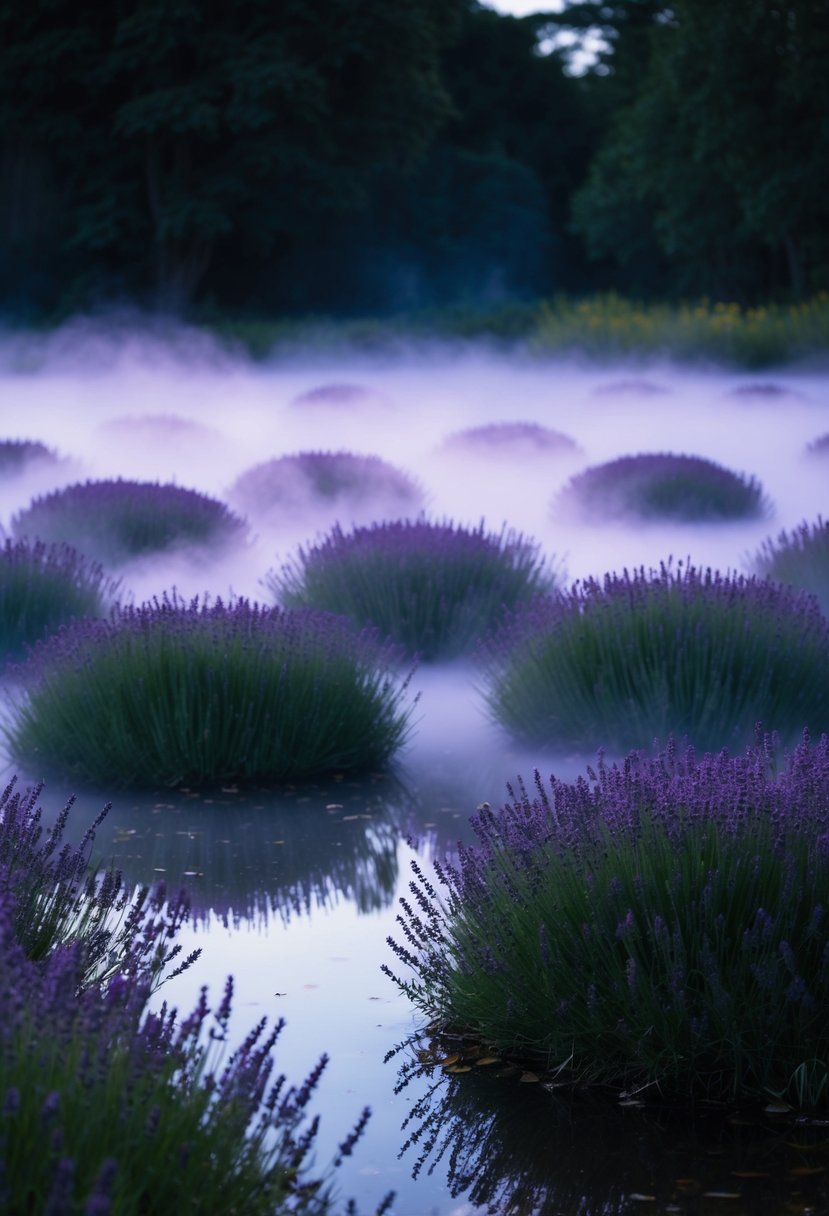 Lavender mist envelops 25 garden ponds at night