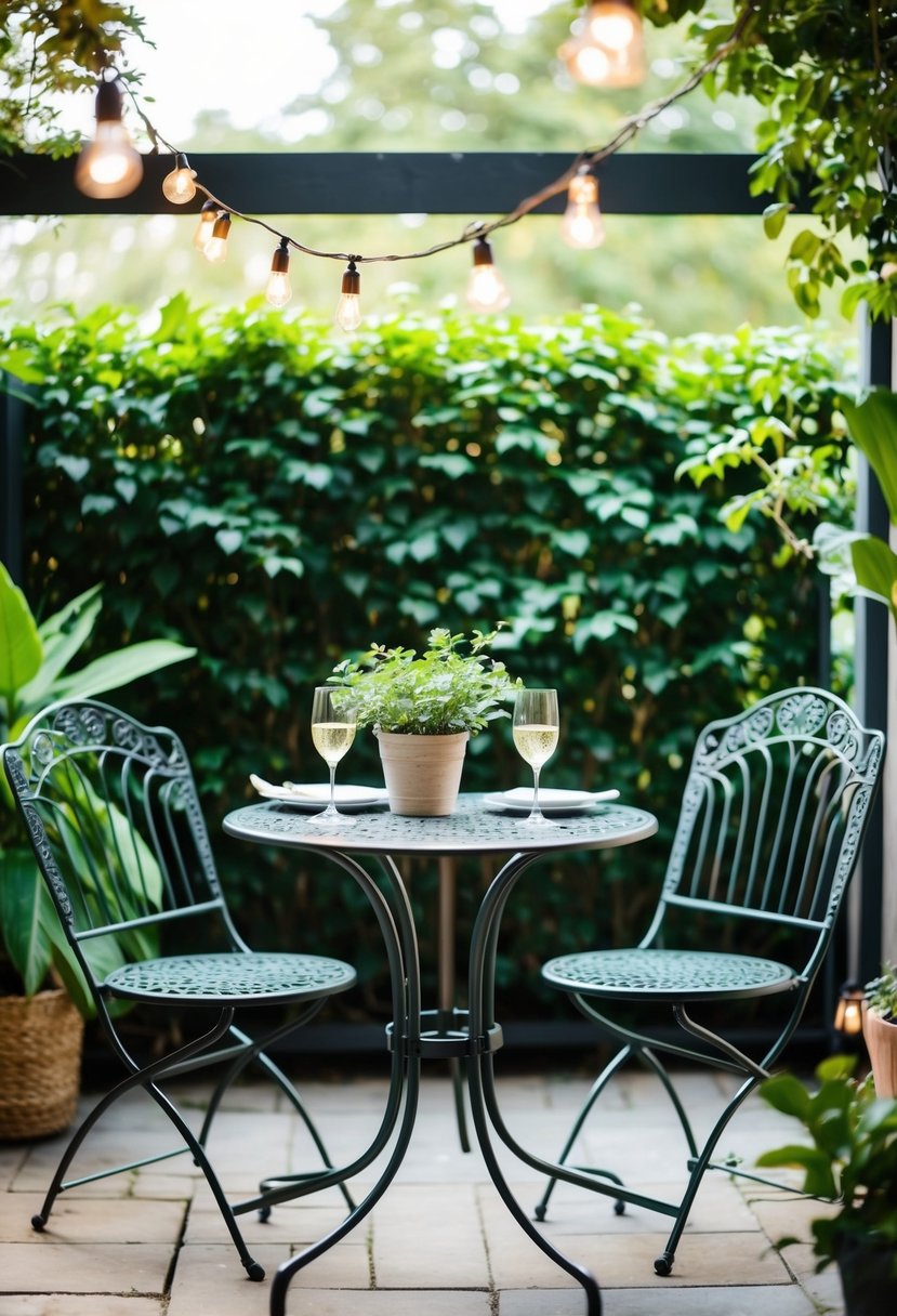 A metal bistro set on a cozy patio, surrounded by lush greenery and soft lighting, creating a tranquil outdoor seating area