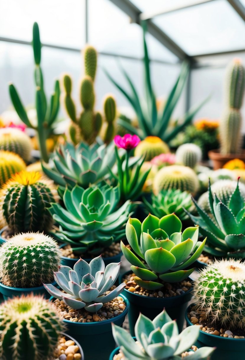 A variety of succulents and cacti arranged in a greenhouse garden setting. Rich green plants with vibrant pops of color