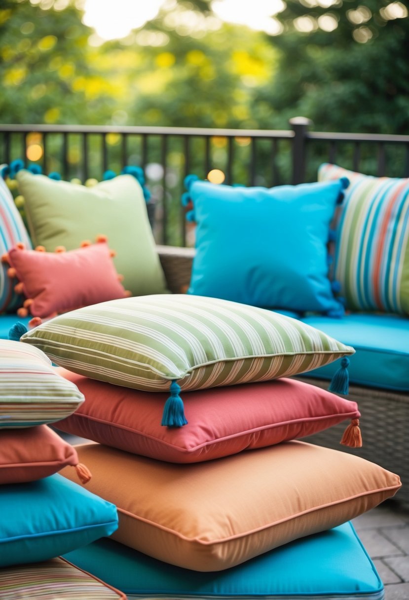 Colorful patio cushions arranged on outdoor furniture
