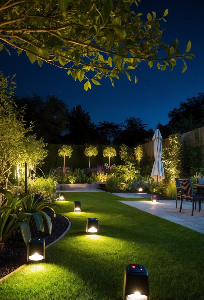 A garden at night with multiple battery-operated spotlights illuminating various features such as plants, pathways, and outdoor seating areas, creating a warm and inviting atmosphere