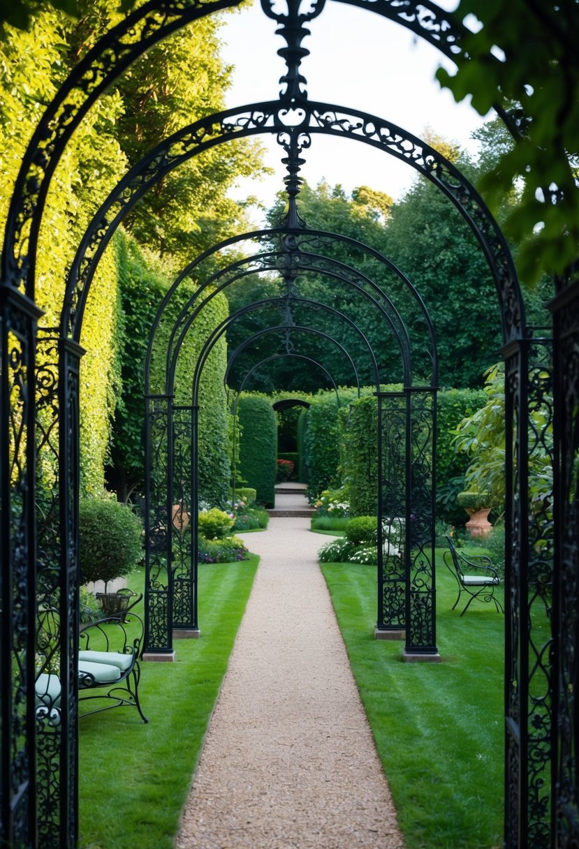 A lush garden with 32 ornate iron arches leading to various paths and hidden alcoves