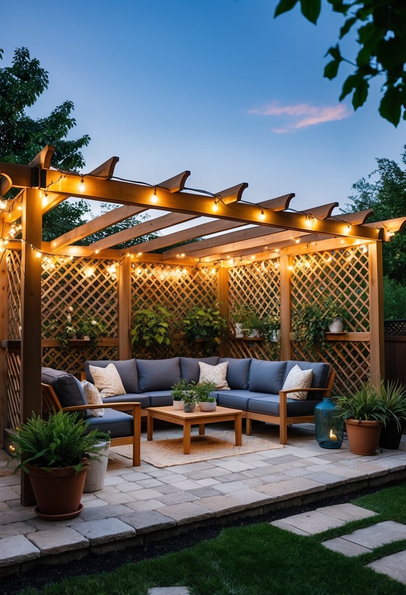 A cozy outdoor patio with a trellis adorned with string lights, potted plants, and comfortable seating for entertaining or relaxation