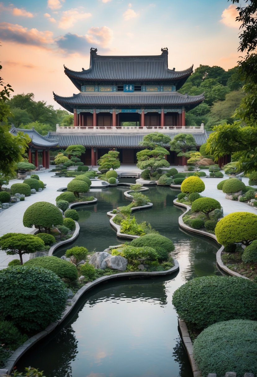 A serene traditional Chinese garden with a winding stream flowing through 27 gardens