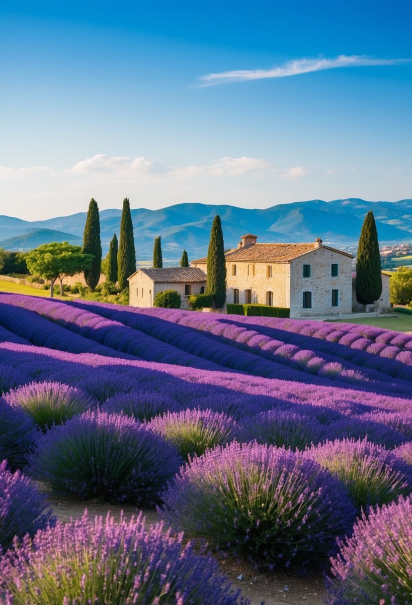 Rolling hills of vibrant purple lavender fields under a clear blue sky, with charming stone buildings and cypress trees in the distance