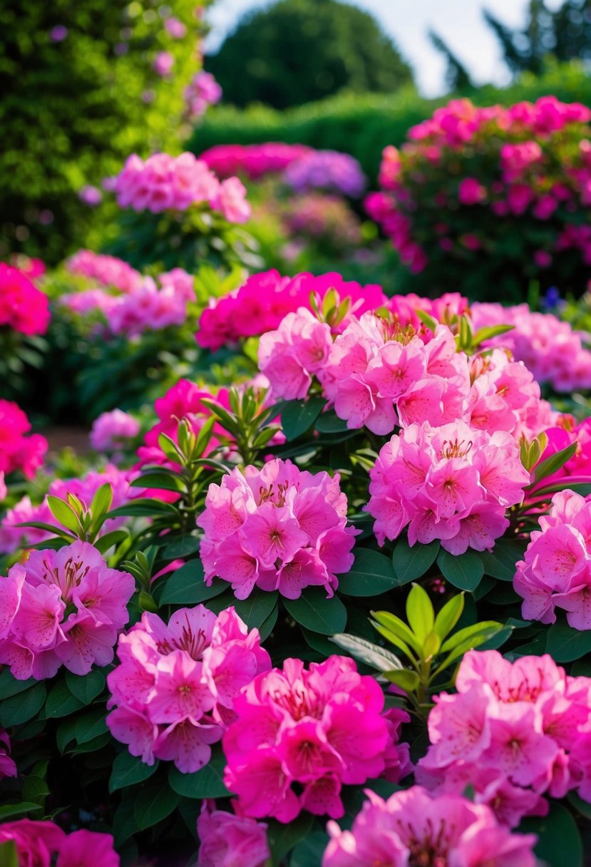 A lush garden filled with vibrant 'Mother's Day' azaleas in full bloom, creating a colorful and picturesque display