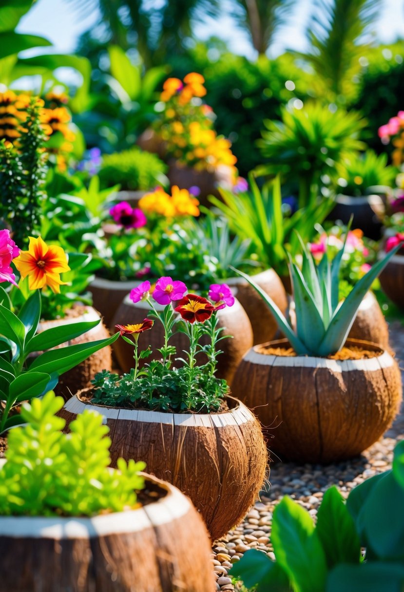 A lush garden filled with various plants and flowers, each growing in unique coconut shell planters. The vibrant colors and textures create a visually stunning display