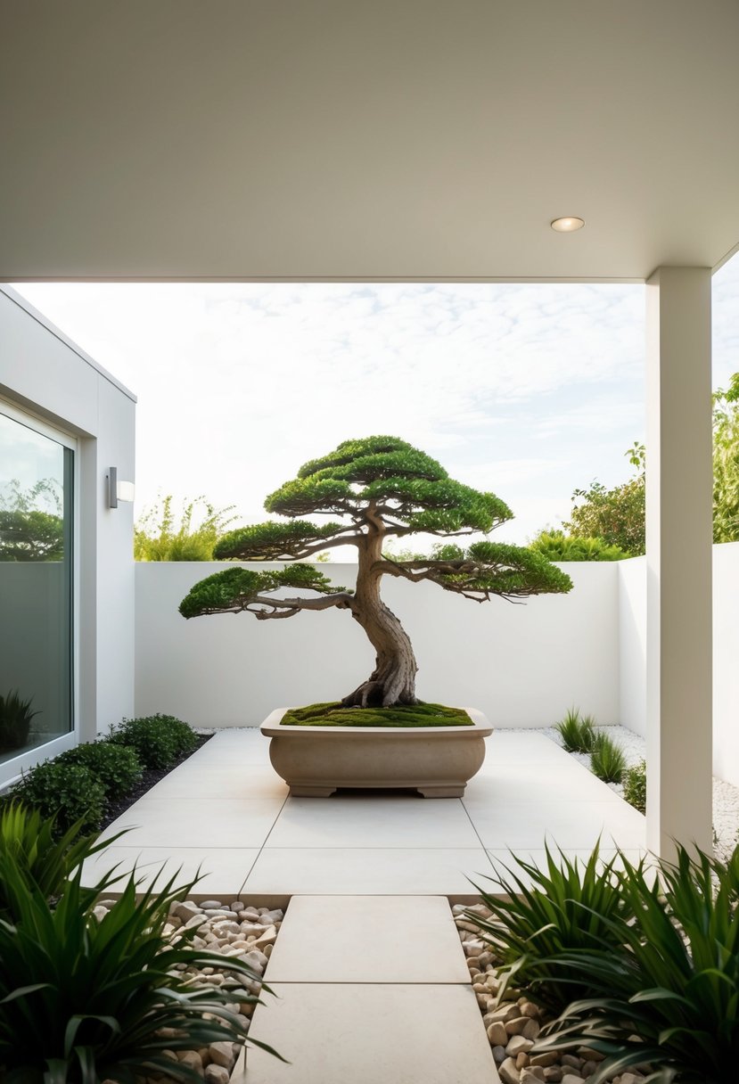 A serene patio with a minimalist design features a bonsai tree as the centerpiece, surrounded by clean lines and natural materials
