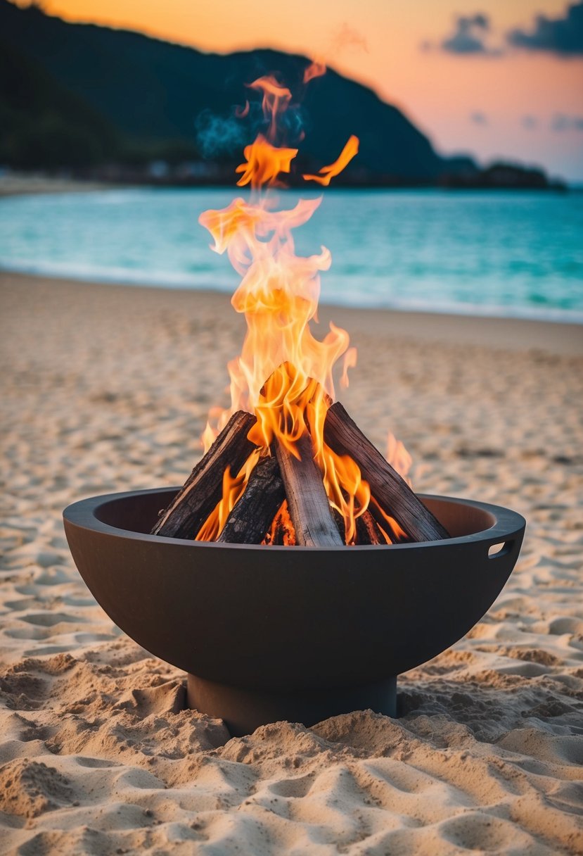 A sandy beach with a natural fire pit surrounded by 34 unique styles