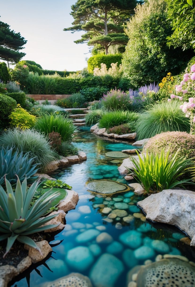 A coastal garden with streams mimicking tide pools, featuring 27 gardens with streams