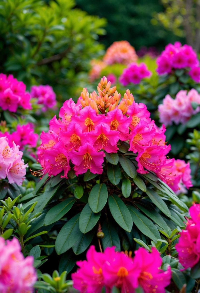 A lush garden filled with vibrant rhododendron 'Goldflimmer' and azaleas in full bloom, creating a colorful and picturesque scene