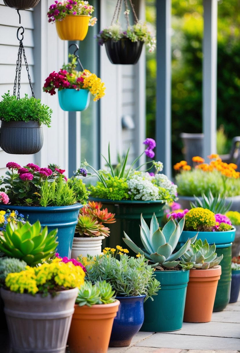 A variety of garden containers arranged on a patio, filled with colorful flowers, herbs, and succulents. Some are hanging, some are on the ground, creating a vibrant and lush display