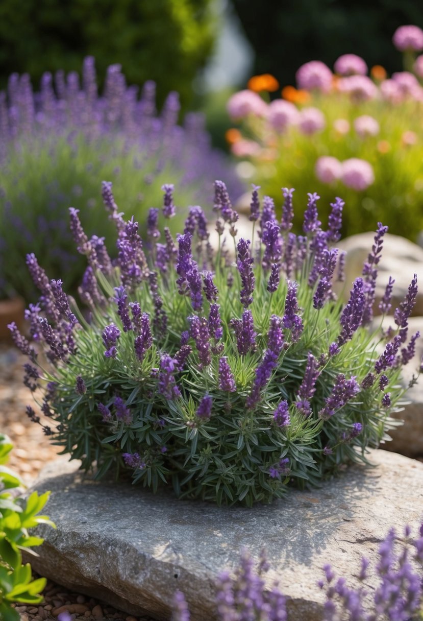Lavender blooms in a rock garden, surrounded by other plants