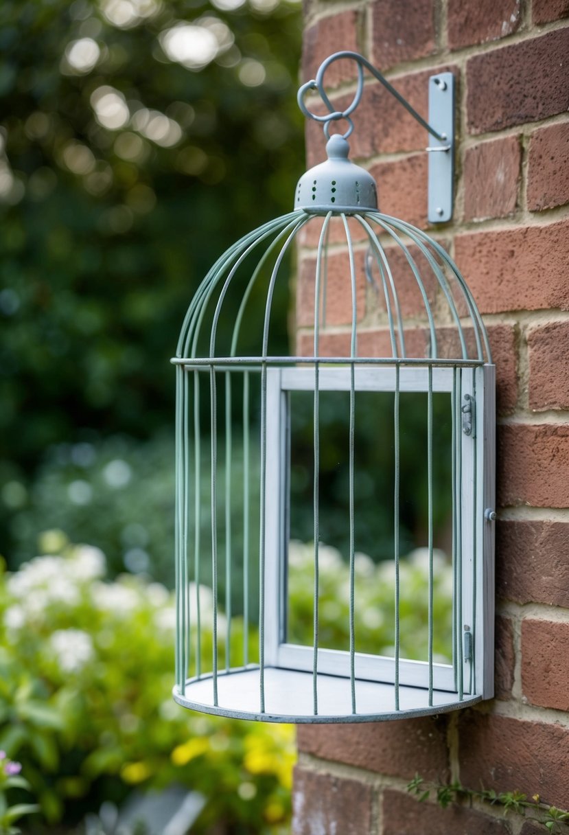 A birdcage mirror hangs from a garden wall, reflecting the surrounding greenery and adding a touch of whimsy to the outdoor space