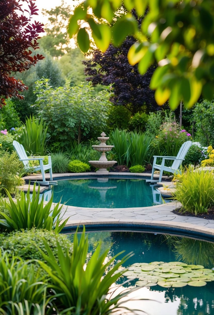 A tranquil pondside seating area with lush greenery and a variety of garden pond ideas