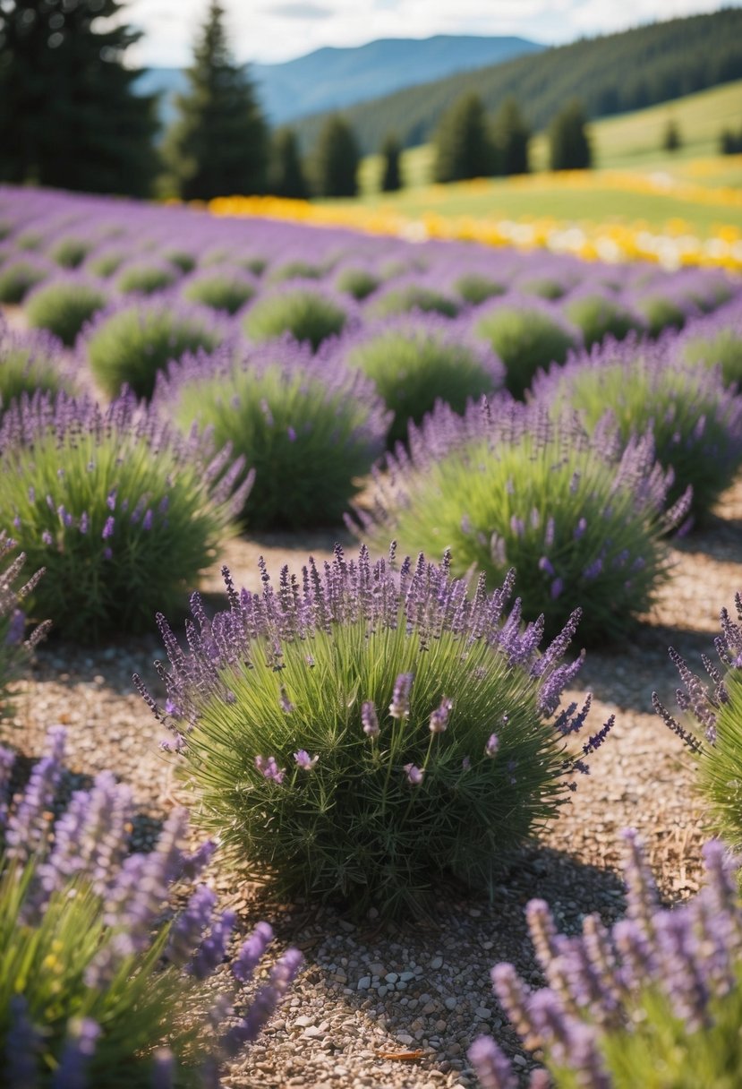 A scenic alpine landscape with 47 garden plots filled with blooming lavender plants