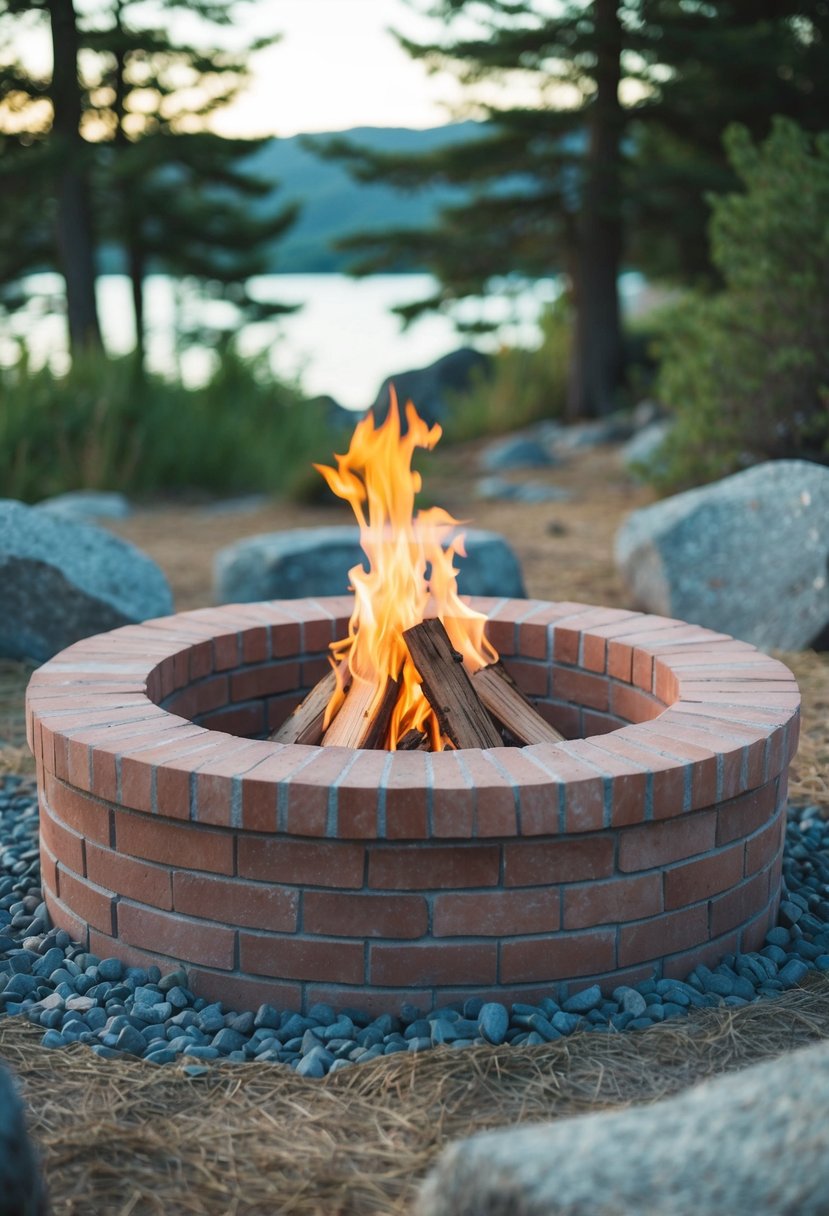 A circular brick fire pit surrounded by a natural setting with trees, rocks, and possibly a body of water in the background