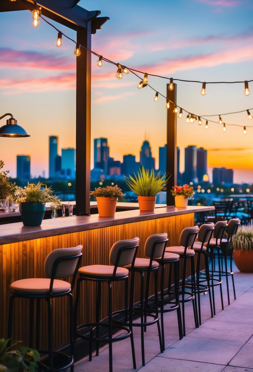 A vibrant patio bar with string lights, high stools, and a variety of potted plants, set against a backdrop of a sunset and city skyline